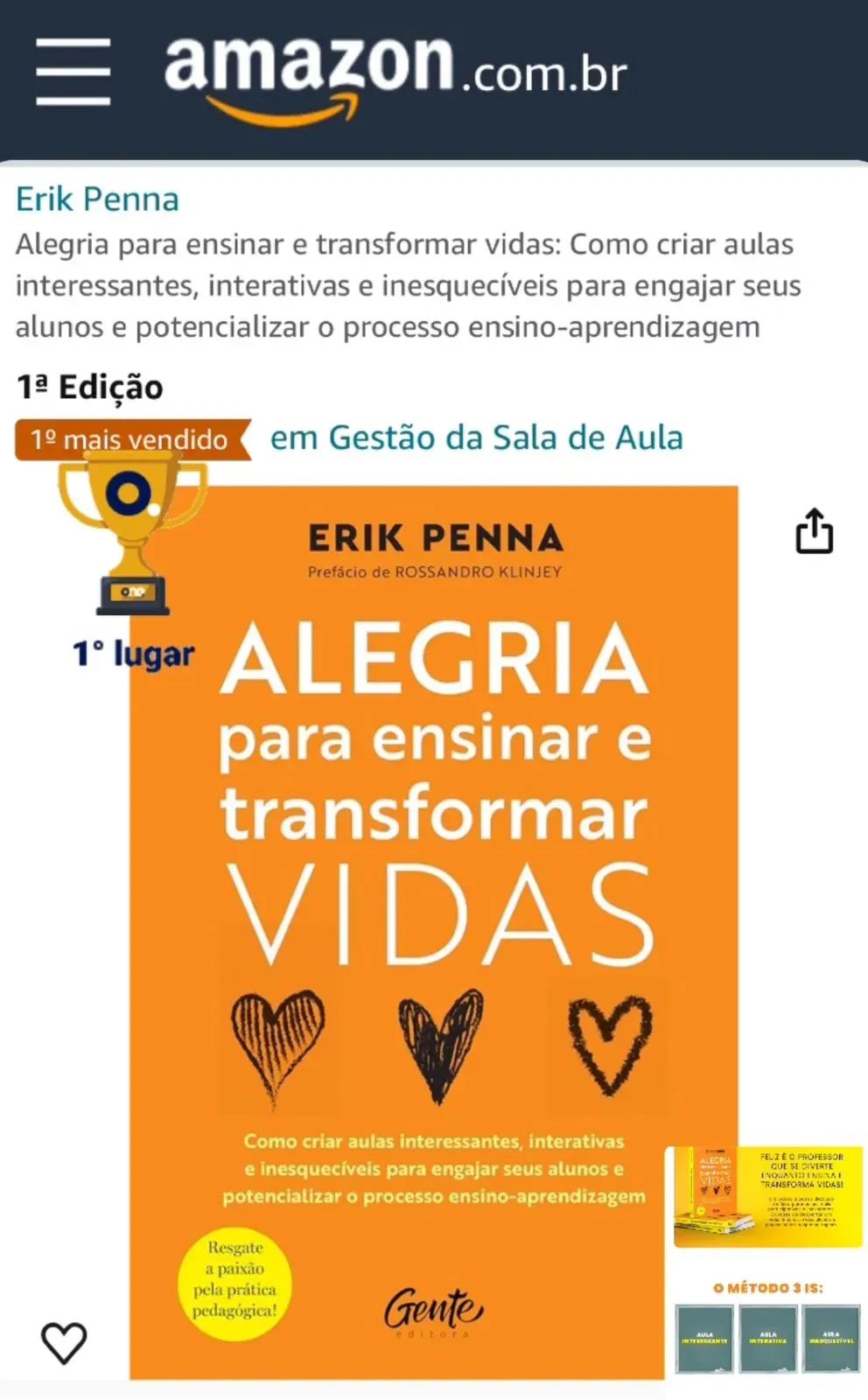 Página da Amazon com o livro Alegria para Ensinar e Transformar Vidas em 1º lugar na categoria Gestão da Sala de Aula