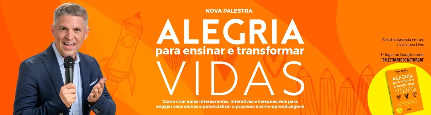 Banner da palestra Alegria para Ensinar e Transformar Vidas: como criar aulas interessantes, interativas e inesquecíveis