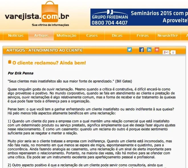 Publicação sobre Erik Penna no portal Varejista.com