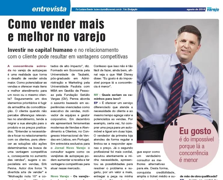 Publicação sobre Erik Penna na revista Novo Varejo