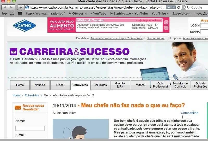 Publicação sobre Erik Penna no portal Catho