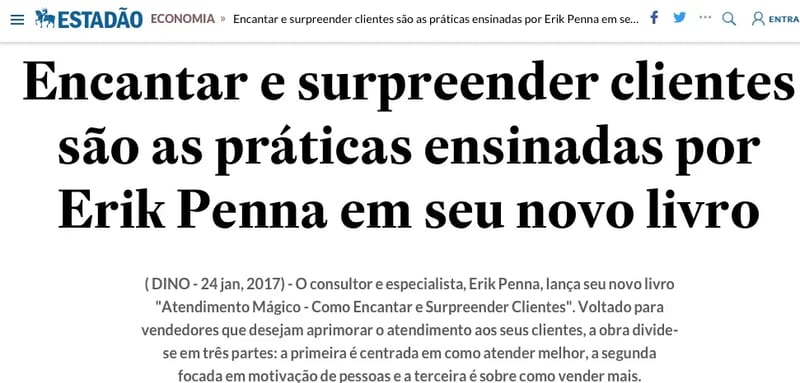 Publicação sobre Erik Penna no jornal O Estado de São Paulo